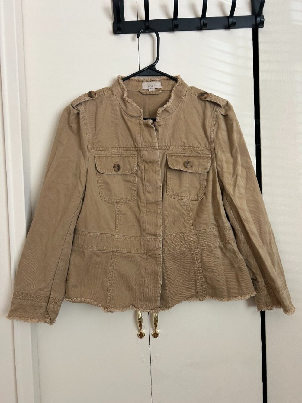 Loft -- cotton tan button up utility jacket, raw hem